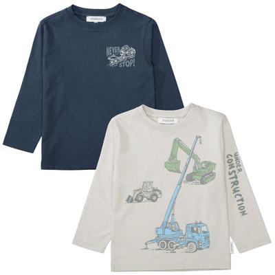 Langarmshirt STACCATO, Jungen, Gr. 104/110, bunt (taupe, schwarz), Single Jersey, Obermaterial: 100% Baumwolle, bedruckt, normal hüftbedeckend, Rundhals, Shirts Langarmshirt, 2er Pack, mit Kran-Bagger-Motiv, für Boys