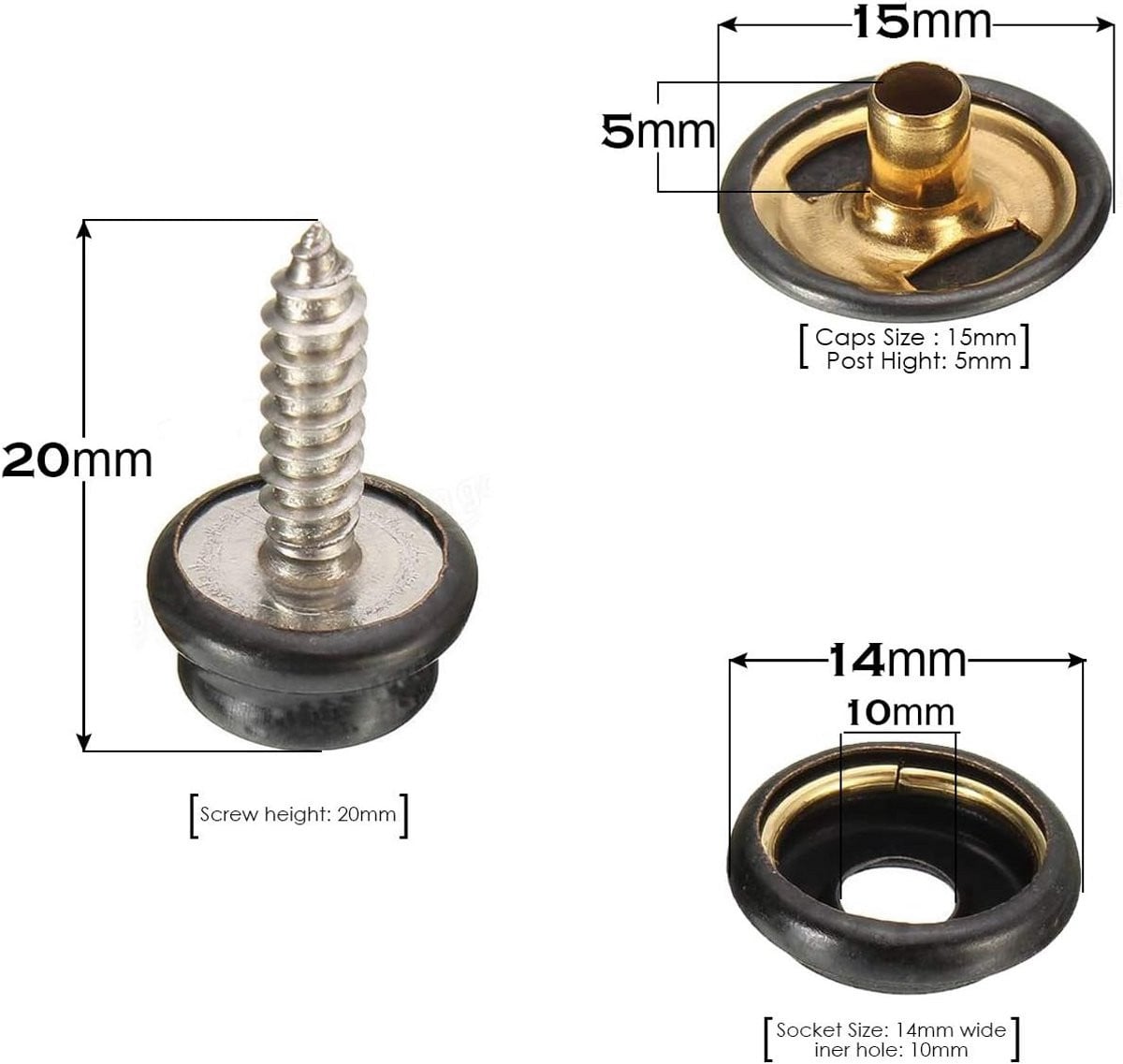 Set van 10 zwarte drukknopen met schroef van 15mm voor bootkap, canvas en meubels