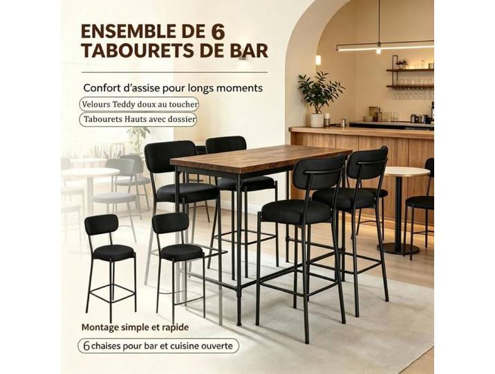 PIPIPOXER Lot de 6 Tabouret de bar Velours Teddy Noir Housse Déhoussable Tabourets Hauts pour Bistro Café Restaurant Bistronomique