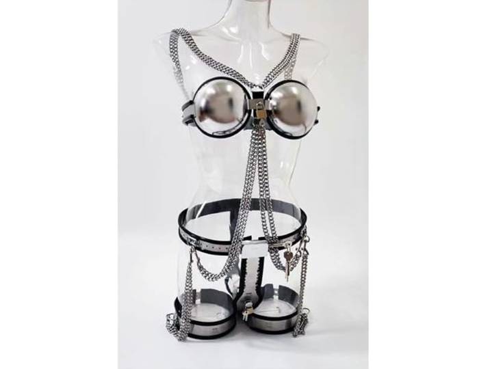 3pcs Damen Keuschheitsgürtel BDSM Bondage Set mit BH Schenkel-Ring und Keuschheit Gürtel, Edelstahl Restraint Unterwäsche Fetisch Erotisches Dessous Sex Spielzeug Für Frauen (Silber, 90cm-110cm)