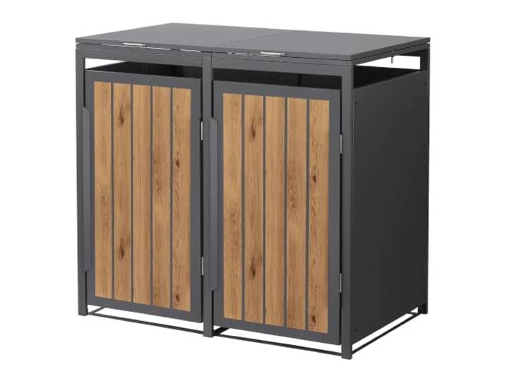 ML-Design Mülltonnenbox 2er 240L, Mülltonnenverkleidung für 2 Mülltonnen, Müllbox wetterfest, Mülltonnenhaus aus Stahl, Müllcontainer mit Klappdeckel & Tür, Gerätebox 132x80x120 cm Anthrazit-Holzoptik