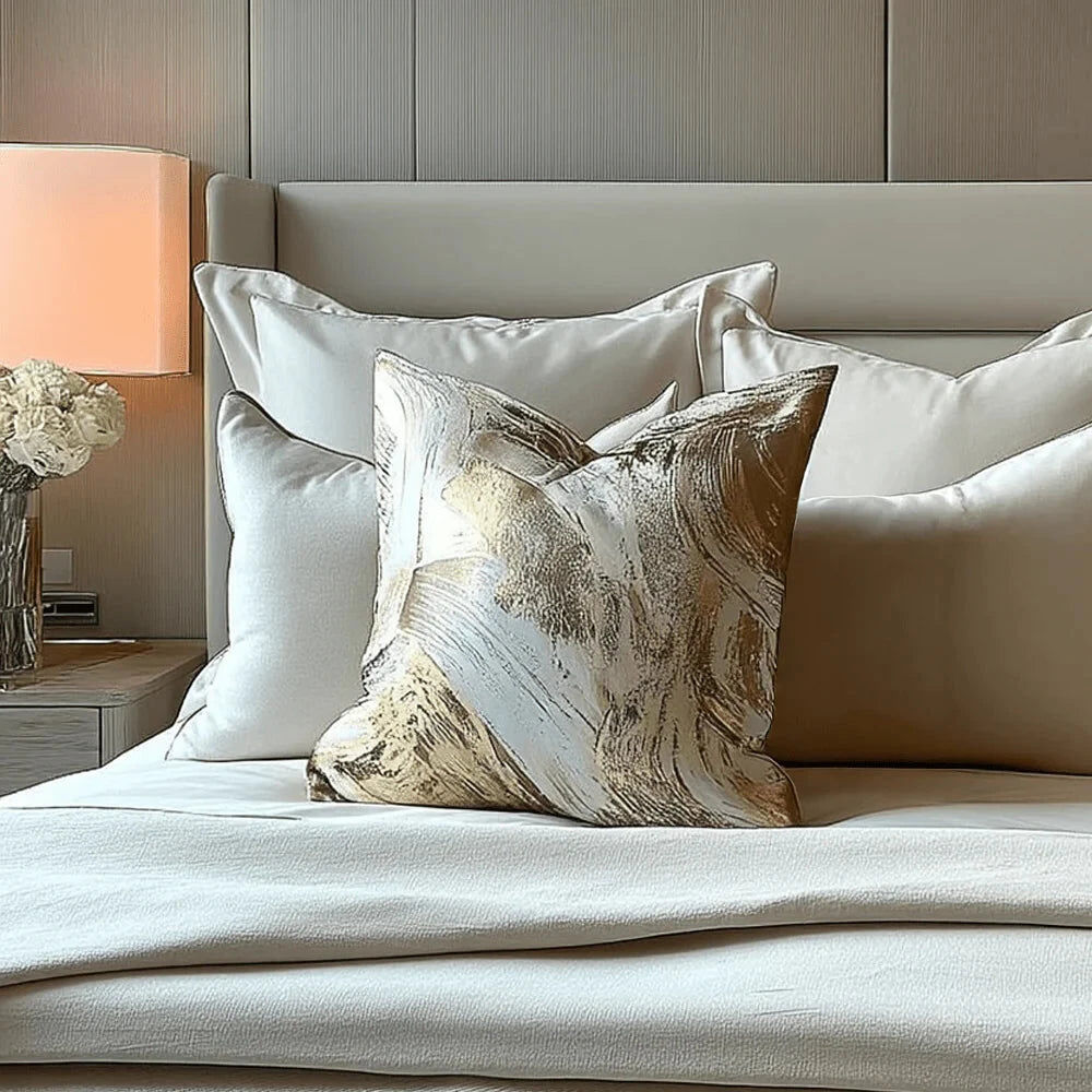 Talina Cream & Gold Brushstroke Pattern Cushion Cover - 50x50cm