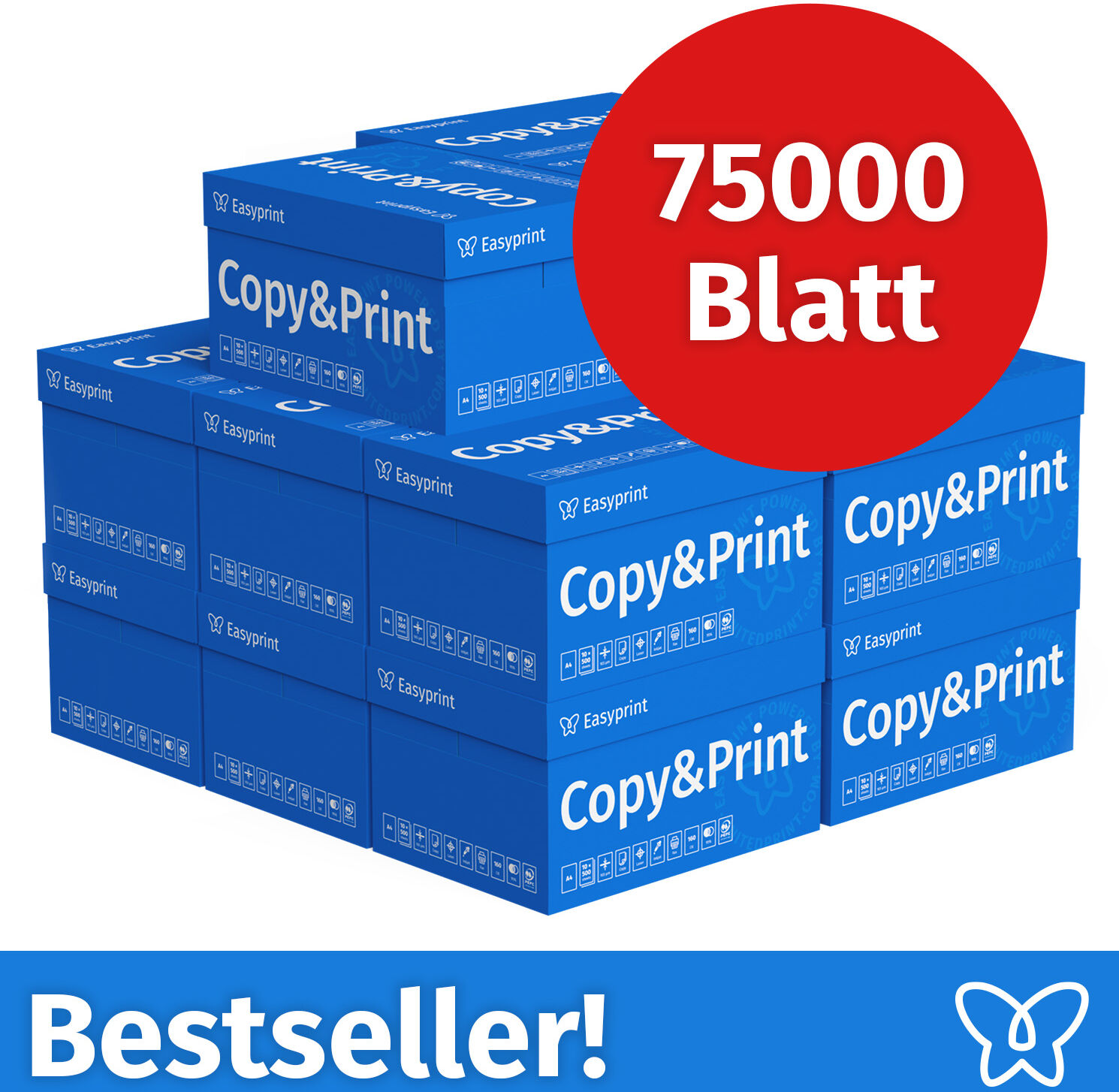 Easyprint Druckerpapier Kopierpapier 75000 Blatt 150 x 500 A4 Premium Hochweiß CIE 160 Testsieger PEFC zertifiziert