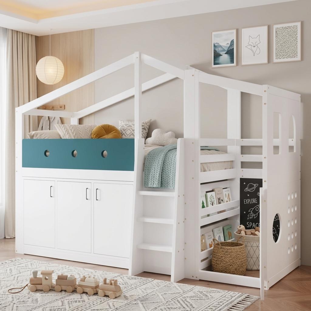 Merax Etagenbett Halbhohes Kinderbett 90x200cm mit Spielbereich, Hausbett Hochbett aus Holz mit Stauraumschrank und Leiter, Funktionsbett, Weiß