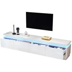 OKWISH TV-Schrank 180x34x40 cm für 75-Zoll Fernseher mit LED-Licht, Hochglanz-Front, 4 Schubladen, gebogenes Kantendesign, Weiß