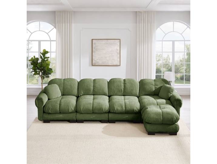 Canapé modulable - ZEVKOR - Canapé modulable d'angle en L - 4 places - ottomane mobile - tissu chenille vert