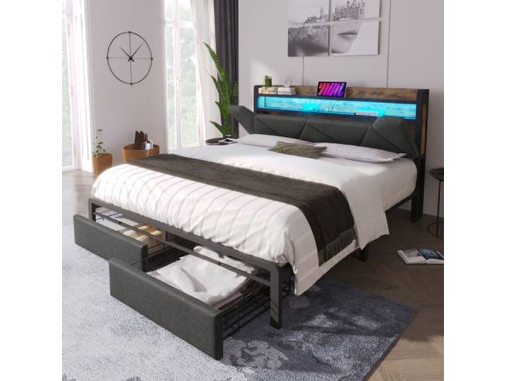 Lit adulte Lit avec tiroirs Lit rembourré avec fonction de chargement USB Type C Lit double 160x200 cm Gris