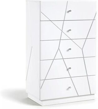 Benjara Oly Tall Dresser Chest, 5 Drawers, Glossy White Geometric Fronts