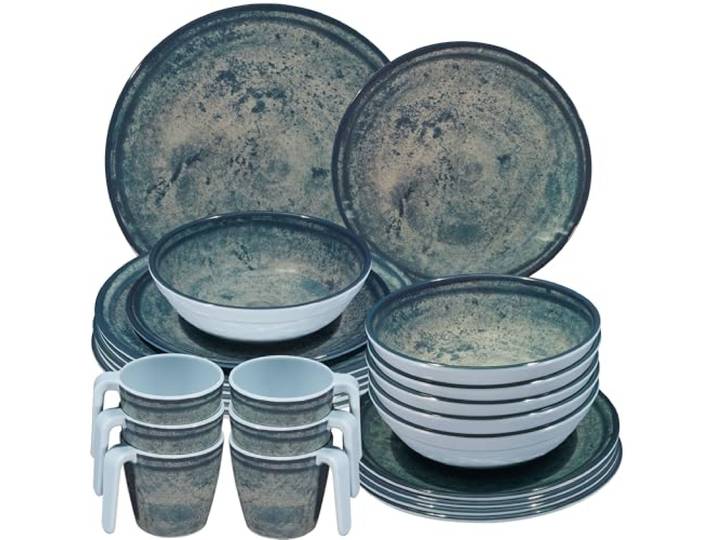 Melamin Geschirr Set Mondgranit Blau-Grau für 6 Personen Camping Picknick