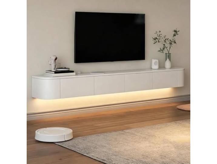 SZKTHD Schwebendes TV-Möbel, Wandmontierter TV-Schrank Mit Verfügt über eine seitlich zu öffnende Tür für zusätzlichen Stauraum und eine Kabeldurchführung(White-A,160*20*30cm)