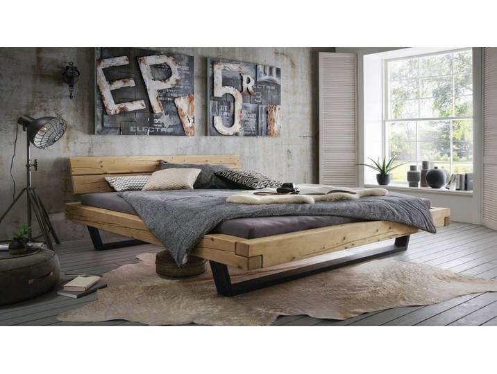 Natur24 Bett Balkenbett Monaco 200x200 Fichte Natur Metallkufe Doppelbett Massiv