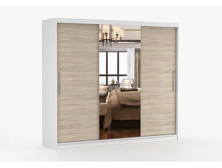 Schwebetürenschrank ASTRA 233 cm Weiß Sonoma Eiche + Spiegel