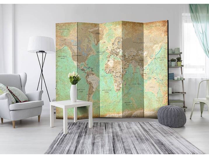 Paravent Turquoise World Map 1-seitig Vlies auf Massivholz Türkis 225 x 172 x 3cm