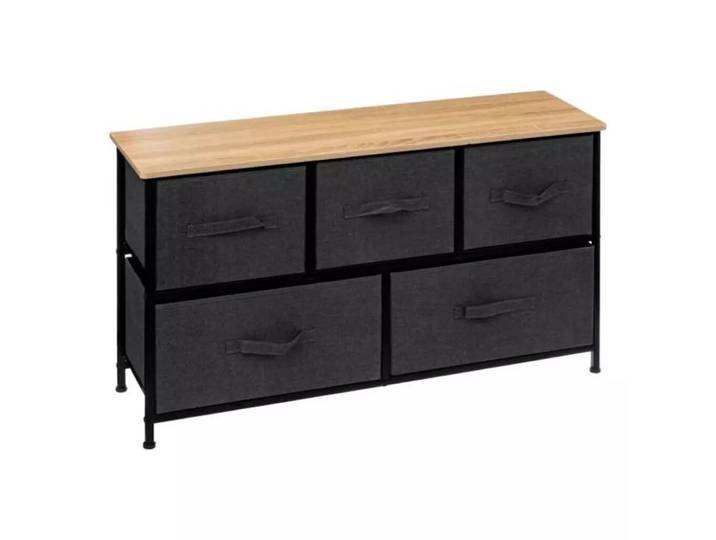 Commode basse 5 tiroirs tissu avec plateau bois