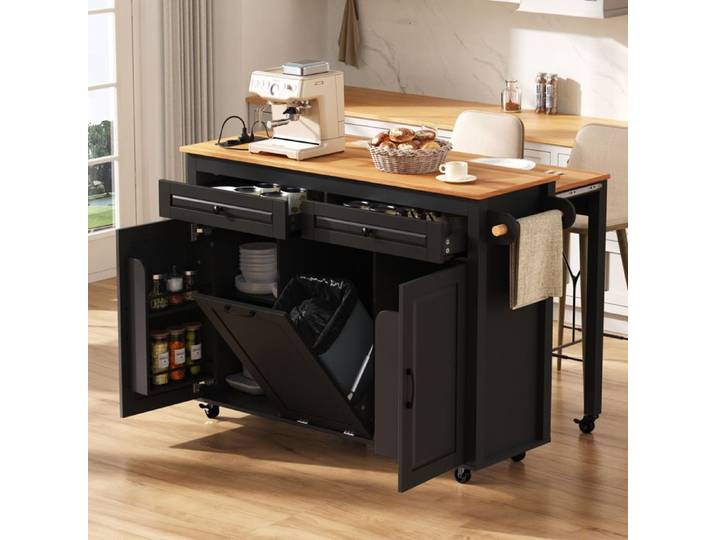 Îlot de Cuisine Roulant avec Plateau Extensible Prise Intégrée et Espace Poubelle Meuble Cuisine Mobile Noir