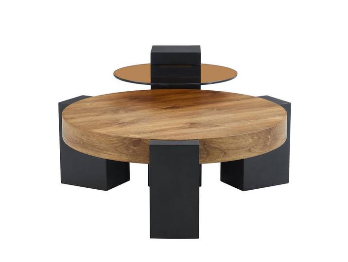 Redom Couchtisch 61/61/30 cm mit 2 Ebenen, zerlegbarem Beistelltisch und Glasplatte, Schwarz, Holzfarben, 61x30x61 cm, Wohnzimmer, Wohnzimmertische, Couchtische