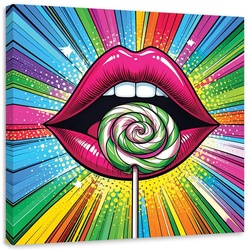 LEINWANDBILD, Rote Lippen mit Lutscher im Pop Art Stil