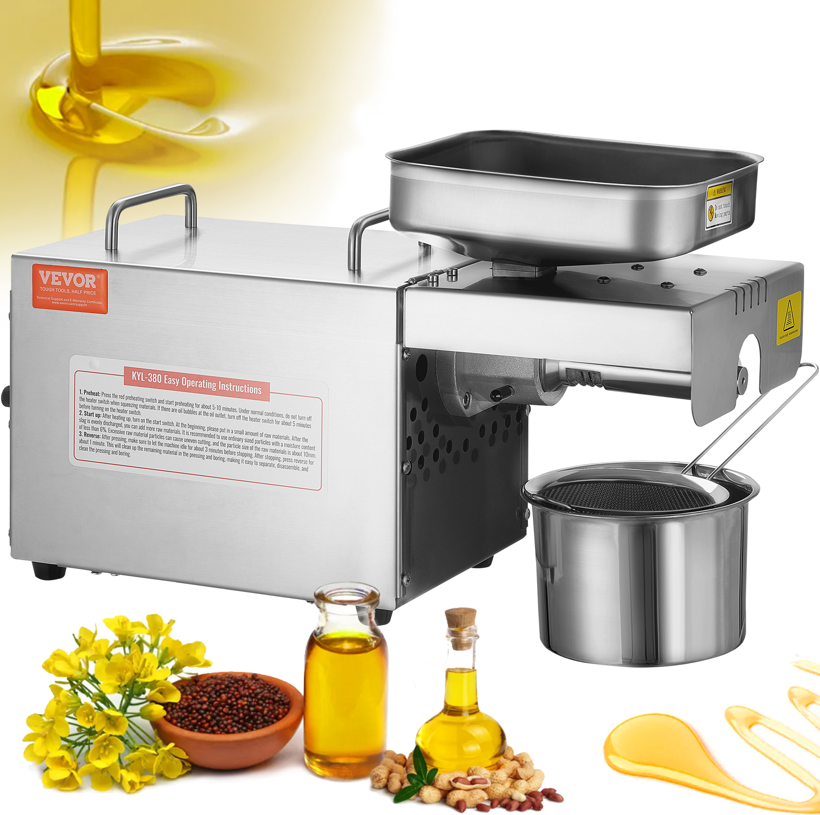 VEVOR Elektrische Ölpresse, 700 W Edelstahl-Ölextraktionsmaschine, 140 / 284 konstante Temperatur, Heißpress-Ölpresse zum Pressen von Erdnüssen, Sesamsamen, Raps, Teesamen
