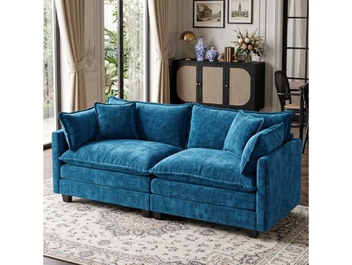 SoarFlash Modulares Sofa 2-Sitzer, 198 cm, Chenille blau, mit Kissen Frei kombinierbares modulares Sofa aus Chenille mit Armlehnenpaneelen, ideal für Wohnhäuser und Wohnungen.