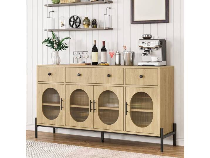 Buffet chêne naturel 4 portes 3 tiroirs MDF rangement cuisine salon