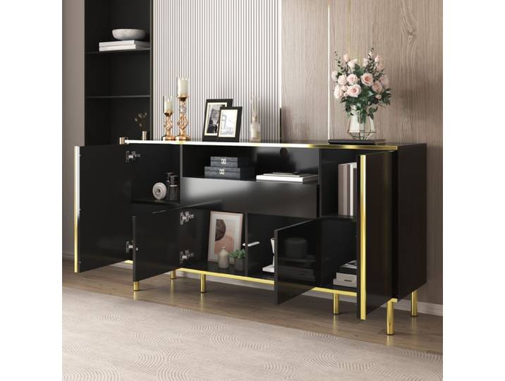 Buffet commode noire très brillante avec 1 tiroir commode commode de chambre à coucher buffet noir très brillant –