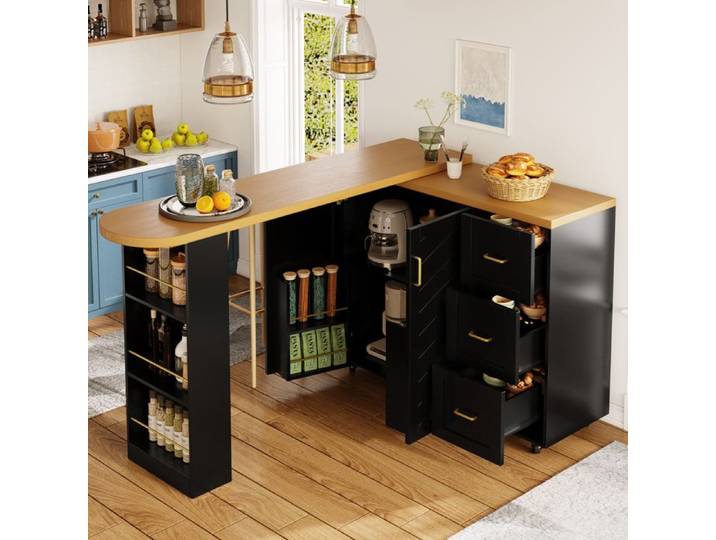 Chariot-bar extensible - 2 portes 3 tiroirs - Extensible 135-228 cm - MDF & métal - 5 roulettes (2 freinées)