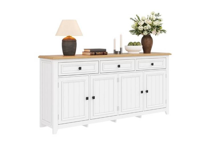Buffet bas - Design minimaliste - Blanc - MDF - 3 tiroirs et 4 portes