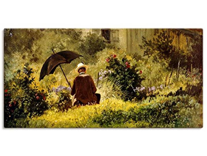 ARTLAND Wanddeko Leinwand Bilder Wandbild Natur Pflanzen Gräser Sträucher Regenschirm Der Maler im Garten Biedermeier Carl Spitzweg T7XI