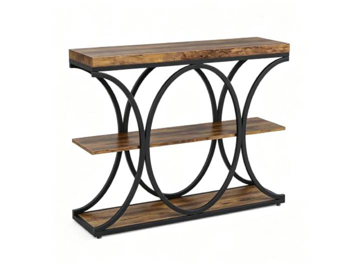 Koioplie Konsolentisch 3-stufig Holz Metallgestell Vintage-Braun Flur Schmale Form, Rundrohrbasis, Diamantgestell, offener Stauraum, Wohnzimmer