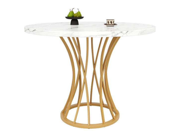 Okwish Esstisch 80/80/76 cm marmoriert in Gold mit verstellbaren Metallbeinen, Weiß, 80x76x80 cm, Esszimmer, Esstische