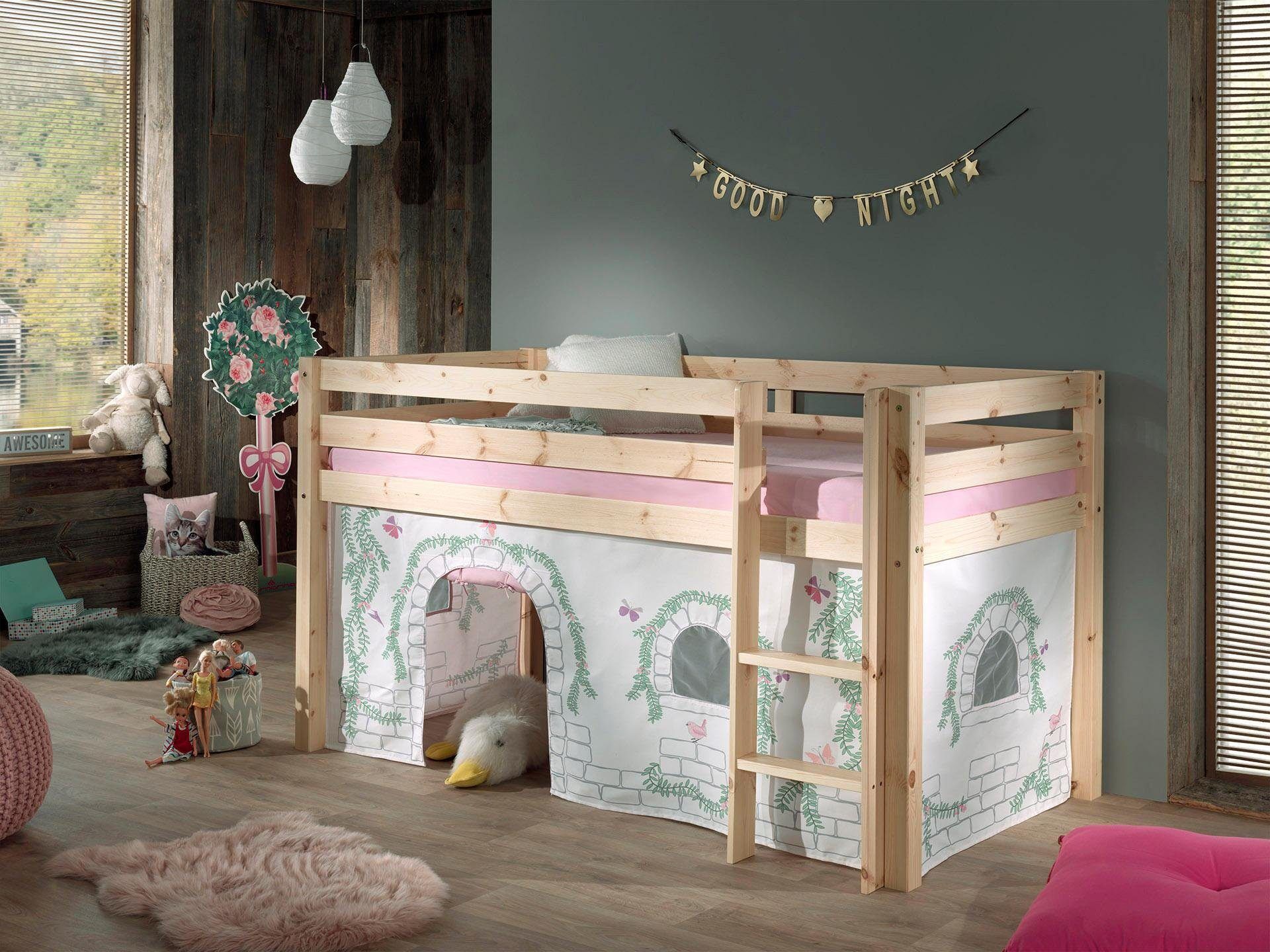 Hochbett VIPACK "Pino, Spielbett massiv Kiefer, stabil gebaut, 3 Korpusfarben zur Wahl", beige (natur geölt, birdy), B:106cm H:114cm L:210cm, Hochbetten, Hochbett, Textil-Set "Astronaut", inkl. Vorhang, mit oder ohne Tunnel natur geölt, birdy Ohne Rutsche