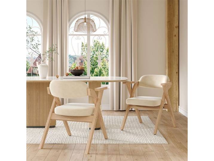 Chaise salle à manger - Pliable velours - Bois massif - Accoudoirs - Lot de 2 Beige