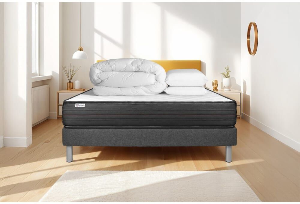 Vitalit Pack sommier kit matelas mémoire de forme 140x190 gris complet Gris 190x49x140cm