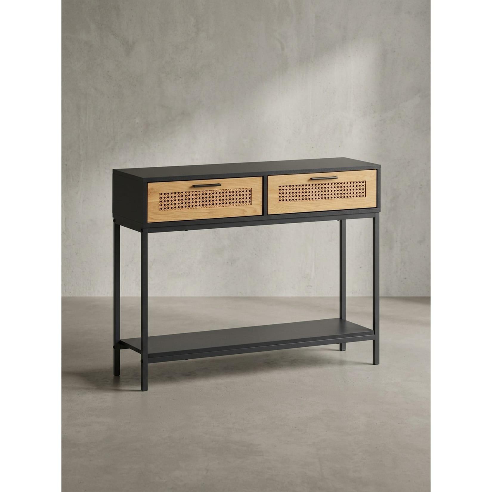 Konsolentisch – Schwarz, 100x30x75 cm, mit Wiener Geflecht, Schubladen und Ablage