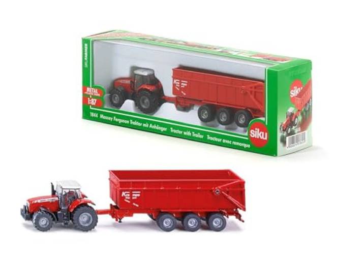 siku 1844, Massey Ferguson-tractor met aanhanger, 1:87, metaal/kunststof, rood, kantelbare aanhanger