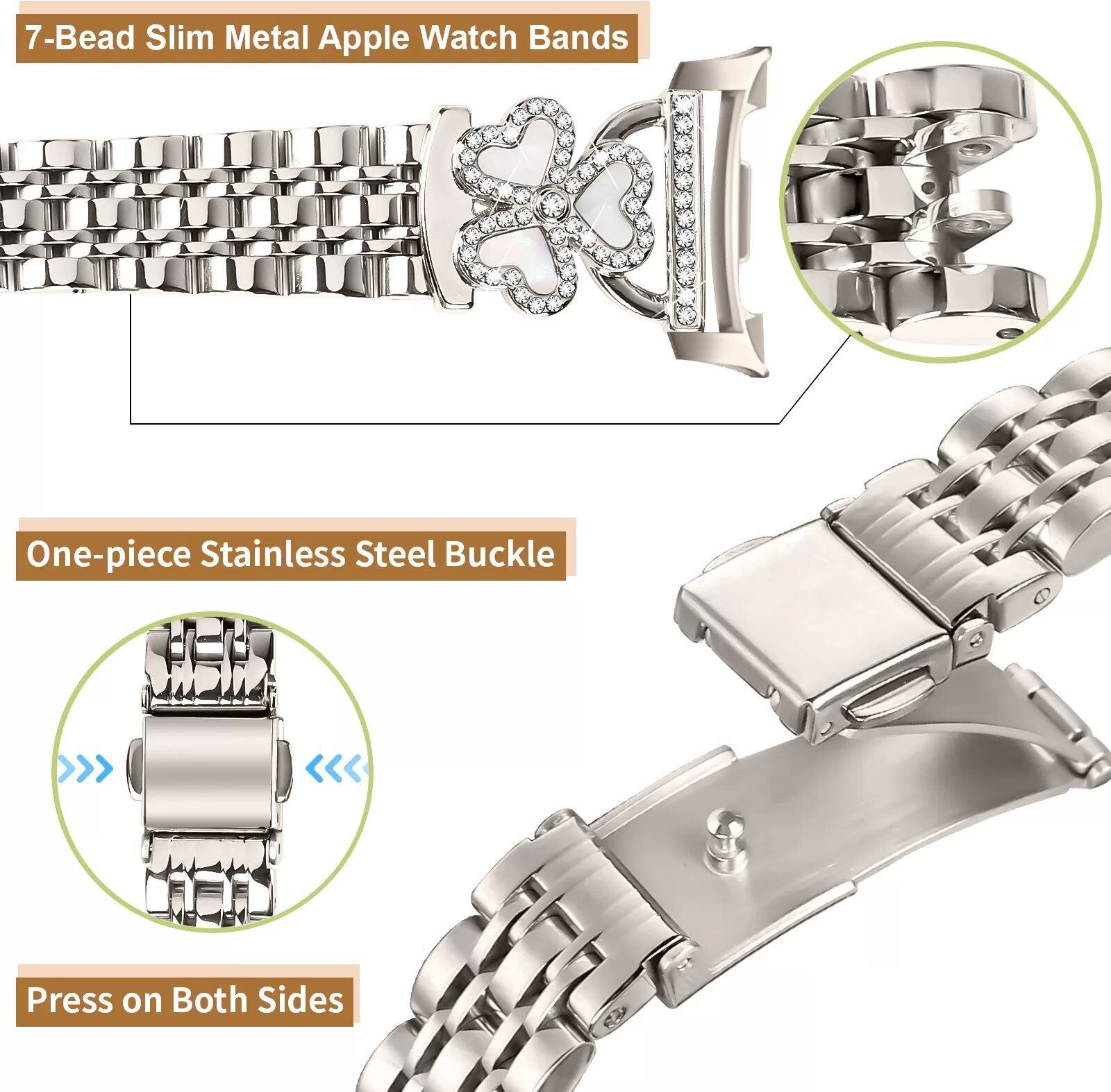 INF Herz-Klee Sieben-Perlen Edelstahl Uhrenarmband Kompatibel mit Samsung Watch 8/8 Classic