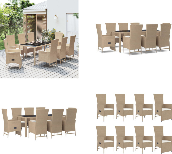 vidaXL 9 tlg. Garten Essgruppe mit Kissen Beige Poly Rattan - Garten Essgruppe - Garten Essgruppen - Essgruppe - Essgruppe Terrasse