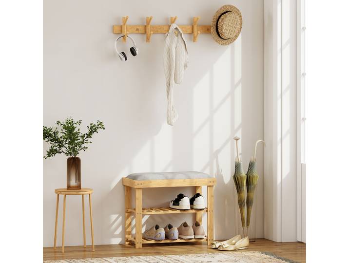 HOMCOM Banc à Chaussures Bambou 2 Étagères Coussin Gris