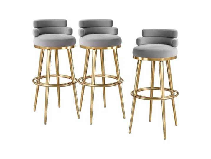 Guyifuny Barhocker Samt und Metall 3er Set Niedrige Rückenlehne Weicher Samtbezug, dichte Polsterung, niedrige Rückenlehne für langen Sitzkomfort, Metallgestell(Grey,25.6in)