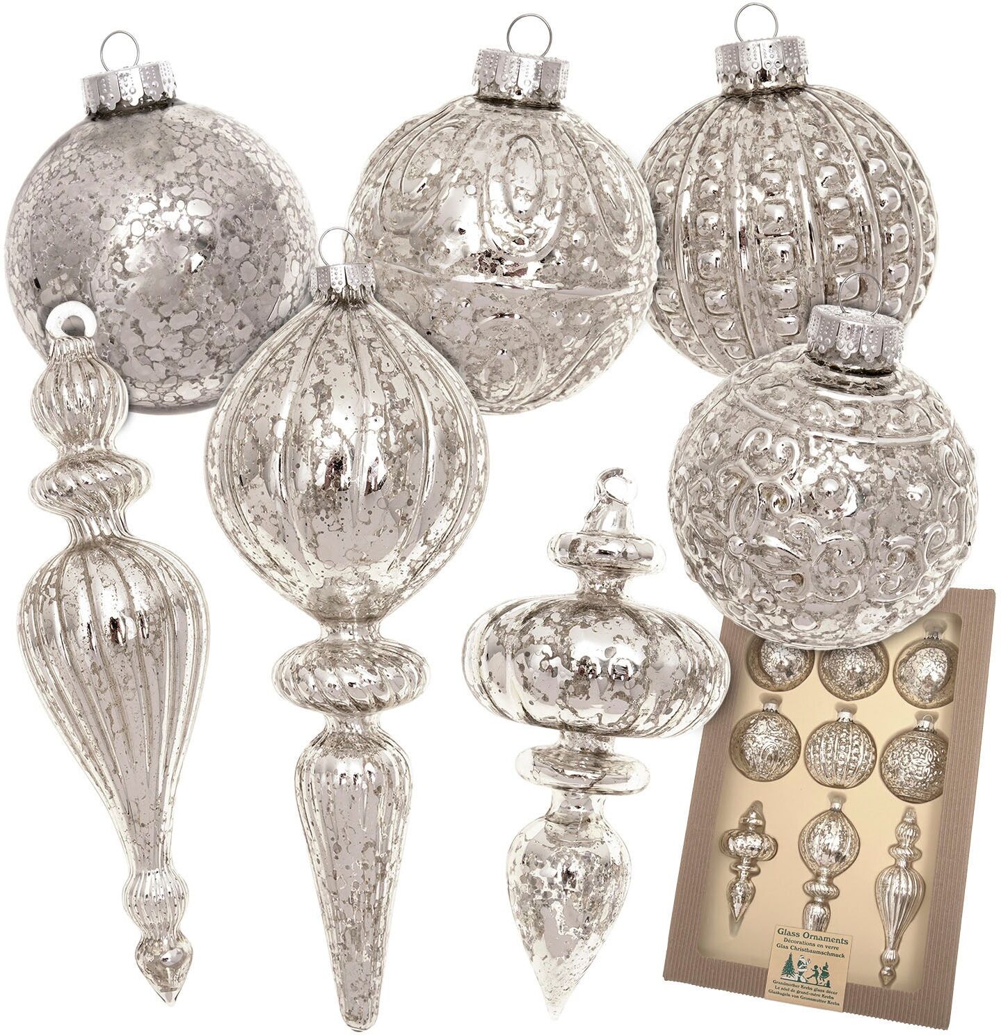 Christbaumschmuck KREBS GLAS LAUSCHA "Antikes Mercury Glas Sortiment", silber, B:30cm H:9cm T:44cm, Glas, Weihnachtsbaumschmuck, Christbaumschmuck, Christbaumschmuck aus Glas, mundgeblasen, handgefertigt