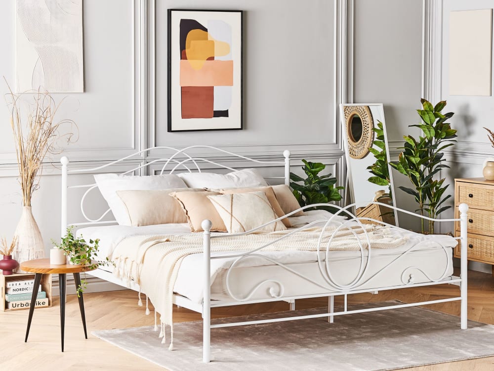 Beliani Lit double en métal blanc 140x200 Blanc 211x103x147cm