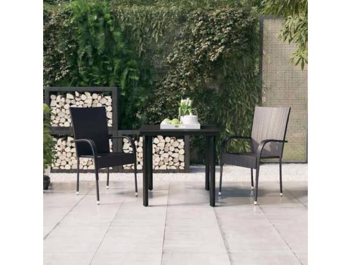 Pulverbeschichteter Stahlrahmen wasserfestes PE Rattan Esstischset Schwarz 3-tlg. Garten-Essgruppe Schwarz, Bistro Set mit Glas Tisch und 2 Stühlen, PE Rattan Sessel für Terrasse Balkon, wetterfest,