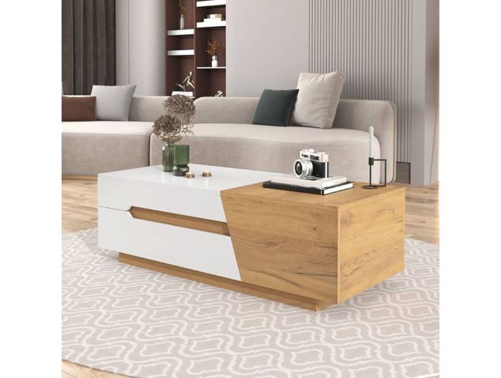 Table basse - SOGEU - Table basse extensible 120 cm - Blanc et bois - Mécanisme coulissant - Rangement intégré
