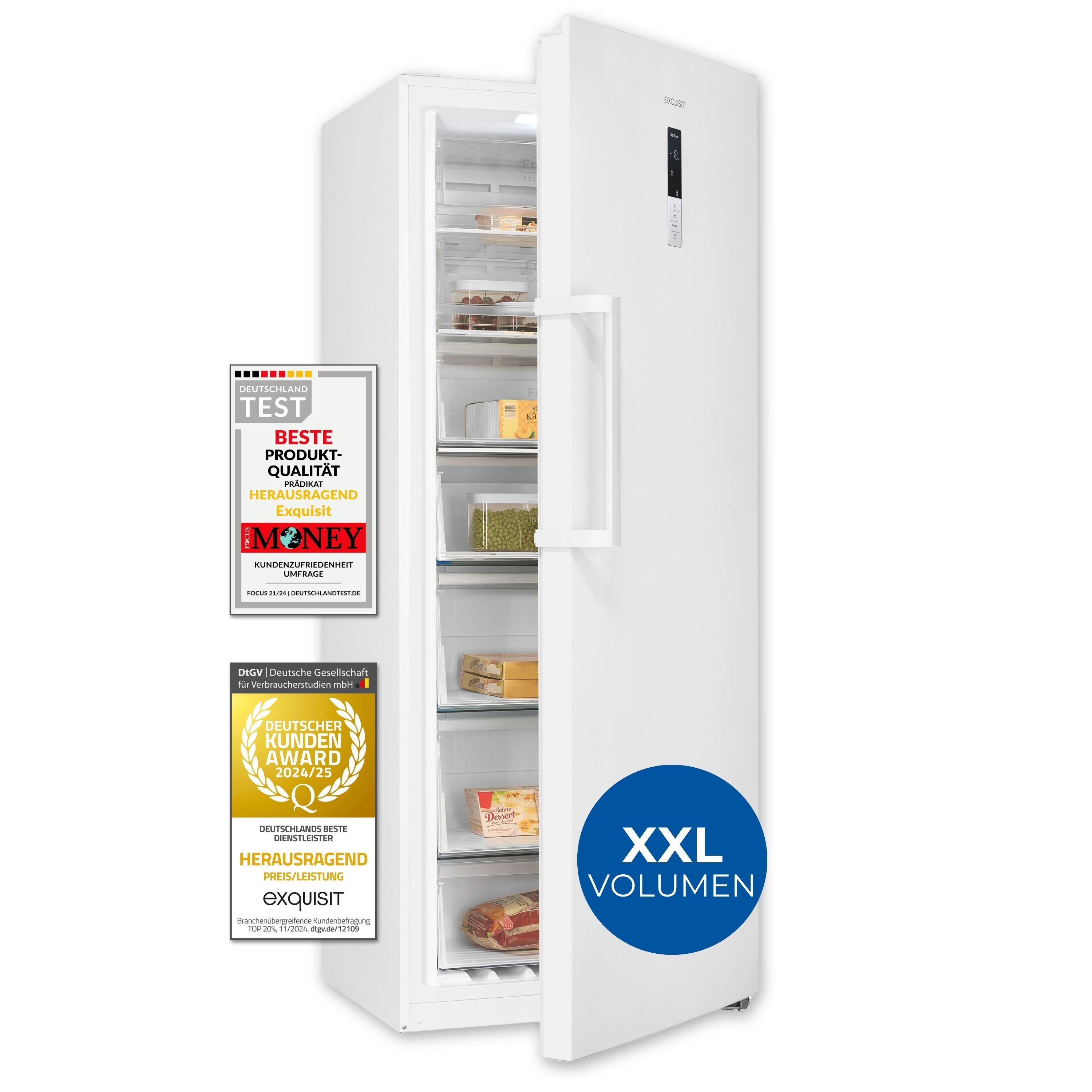 Exquisit Gefrierschrank NoFrost, GS5380-NF-H-050D weiss, 380 Liter, Alarm-Funktion, 4-Sterne-Gefrierfach, Schnellkühlen, Gefrierschrank