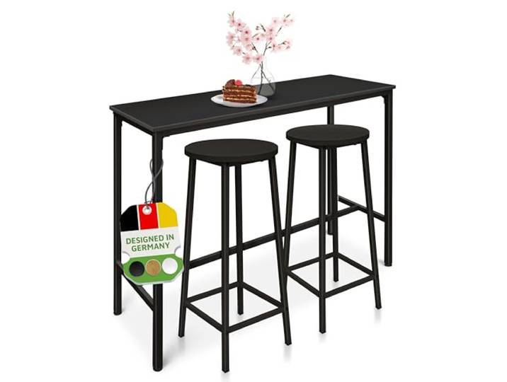 BeFair Bartisch-Set Sven 120x40x100 cm Schwarz mit 2 Barhockern Hochtisch-Set mit 2 Barhockern Metallgestell MDF-Platte Platzsparend Industrial Design