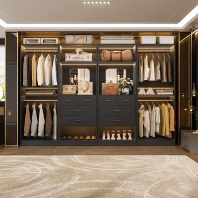 Rackcog Set of 4 Closet System with 4 Drawer and Hanging Rods, Freestanding Closet Organizer with Storage Shelves