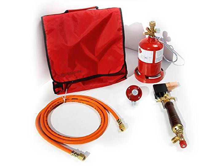 PROFI Dachdecker Lötkolben-Set - Weichlötgarnitur mit Lötkolben, Kleinstflasche, Gasschlauch, Druckminderer, Tasche (Lötset, Lötbedarf, Kleinstflasche)