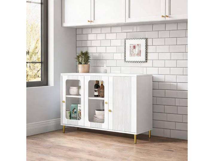 Buffet contemporain soft white avec table extensible rabattable surface pivotante et portes coulissantes verre 116 cm