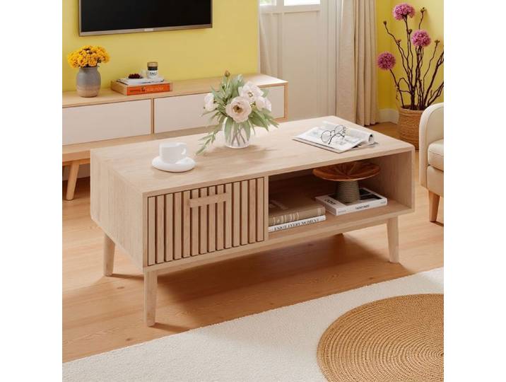Table Basse Tables d'Appoint Tables avec Pieds en Bois Massif Table Basse Rotin Cannage avec tiroir et Rangement 100x50x43cm