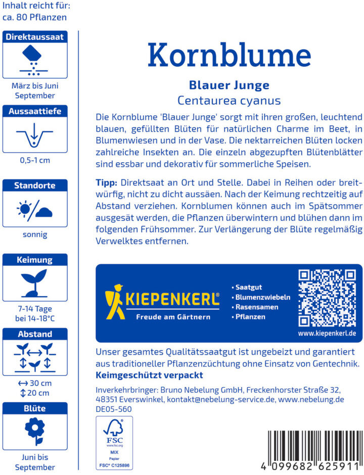 Kiepenkerl Blumensamen Kornblume Blauer Junge für ca. 80 Pflanzen